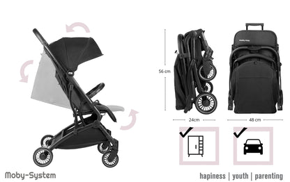 Moby-System, Buggy, superleicht und kompakt, bis 14 kg, verstellbare Rückenlehne, Doppelräder, schwenkbare Schaumstoffräder, faltbar, mit Sonnendach – idealer Kinderwagen für Spaziergänge, grau