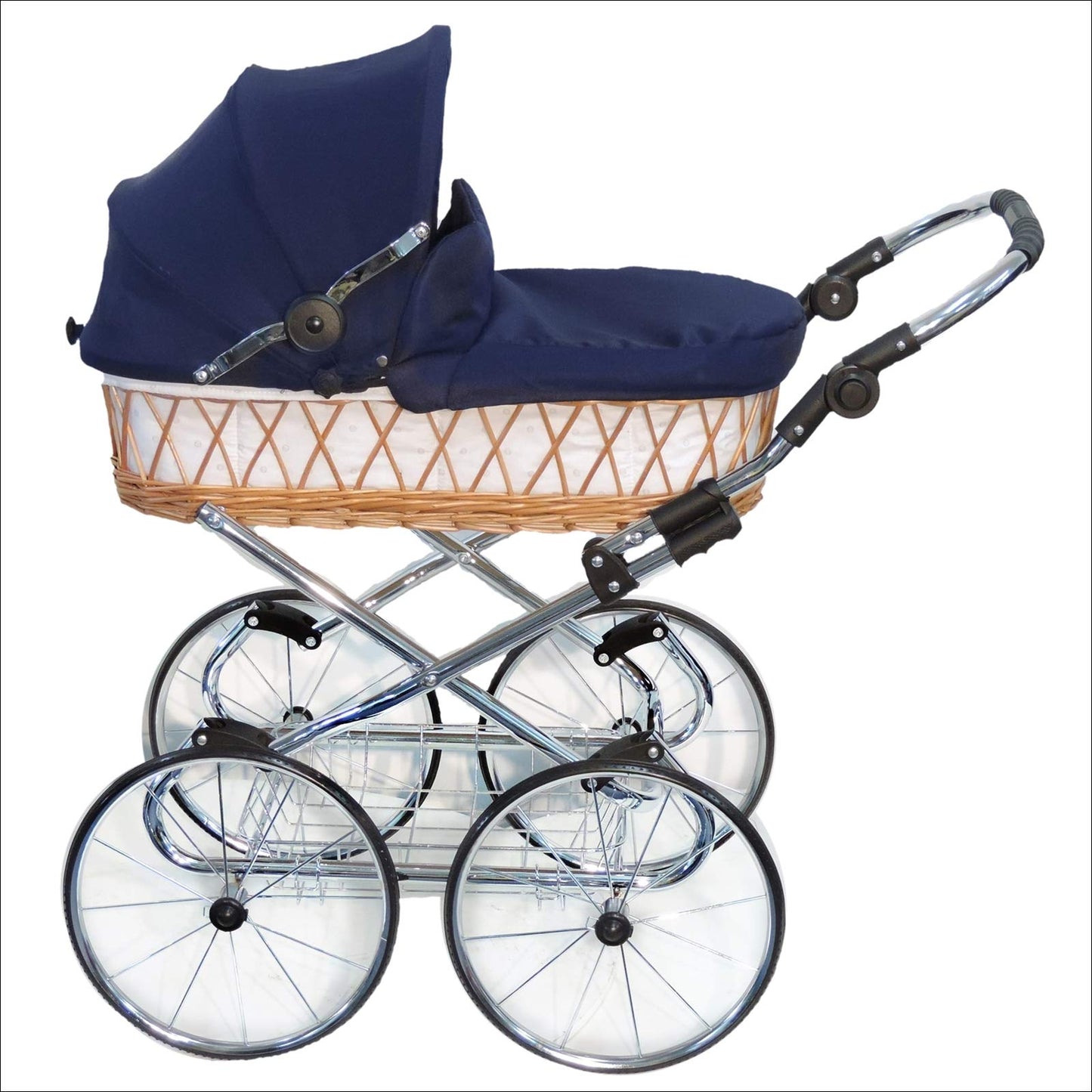 EICHHORN Kinderwagen Wicker Basket Doll's Pram Retro Toy Classic (Basket Natural, Fabric Navy Blue)