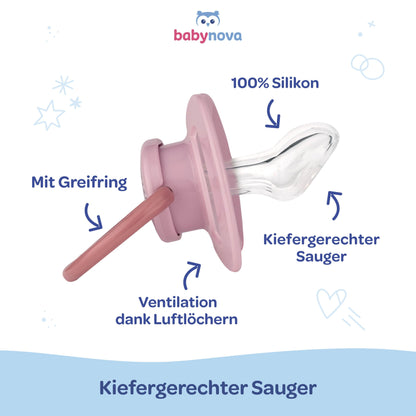 babynova Silikon Schnuller 2er-Set mit Sterilisationsbox - Schnuller Größe 1, 0-6 Monate - kiefergerechter Nuckel – BPA-frei – Made in Germany - Elefanten