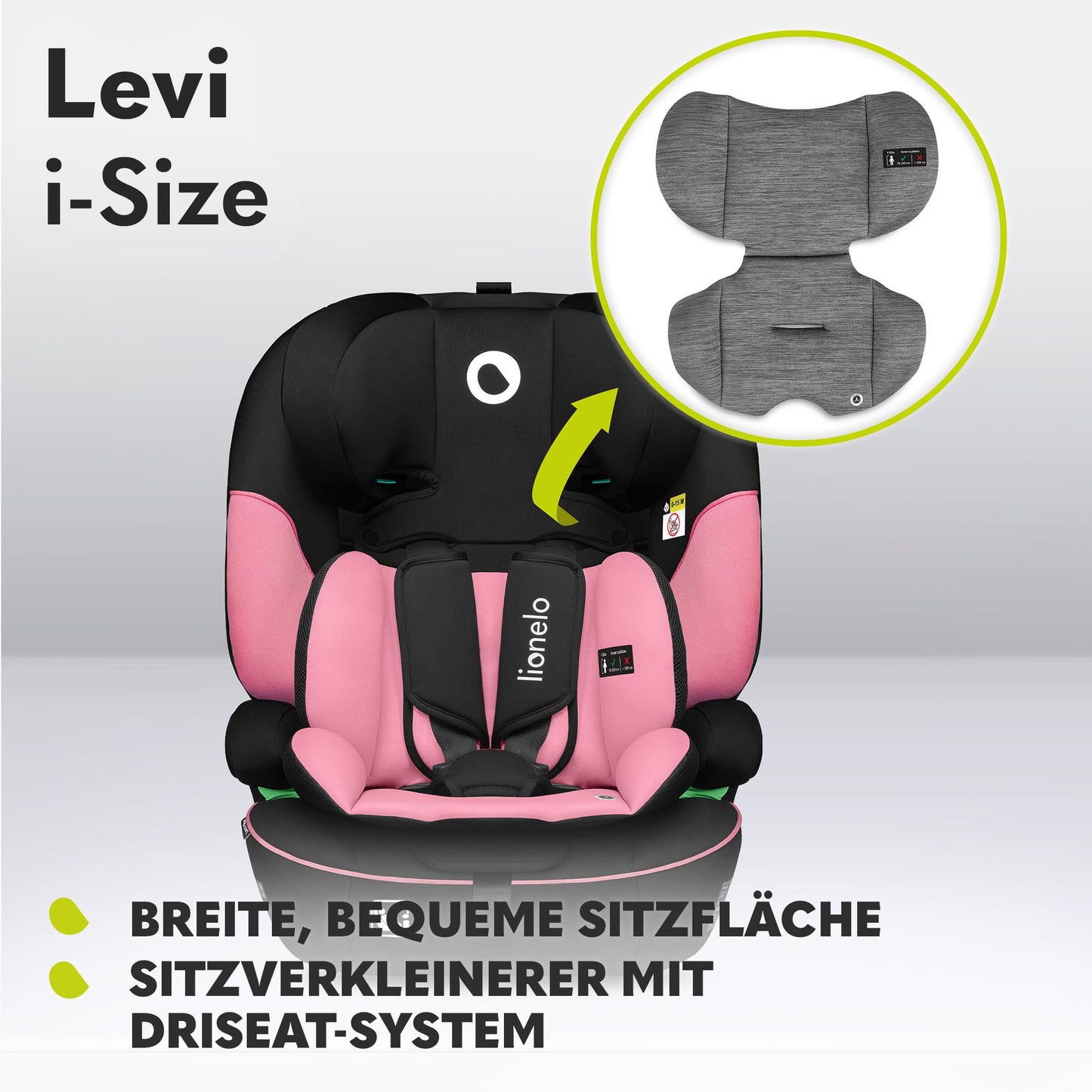 LIONELO LEVI I-SIZE 76-150 cm Kinderautositz, Gruppe 1 2 3, Seitenschutz, 10 Grad Kopfstützenverstellung Bequeme Armlehnen Verstellbare Rückenlehne, R129 i-Size