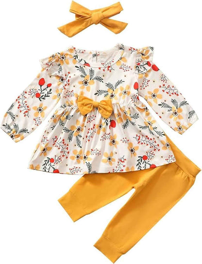 Juflam Baby Mädchen Kleidung Bow Floral Rüsche Langarm Top+ Hosen+Stirnband 3Pcs Bekleidungssets