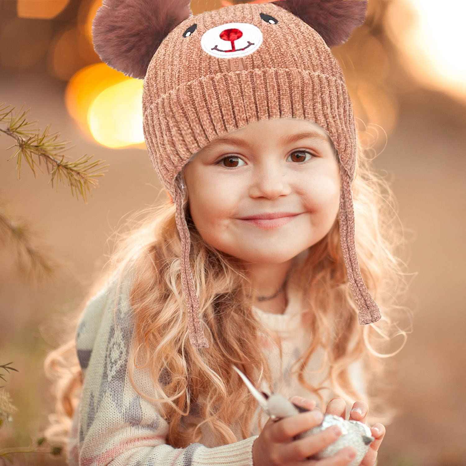 KEELYY Baby Mütze Beanie Strickmütze Herbst Wintermütze Süßer Hut mit Earflap und Bindebändern Warm Hat für Jungen Mädchen