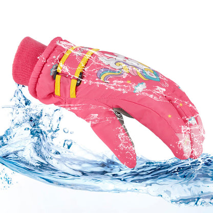 KAKU NANU Children's Winter Gloves 2-10 Years Ski Gloves Waterproof Warm Fleece Cartoon Children's Gloves Mittens with Cord Outdoor Snowboard Gloves Children Boys Girls Blue Red Pink Purple