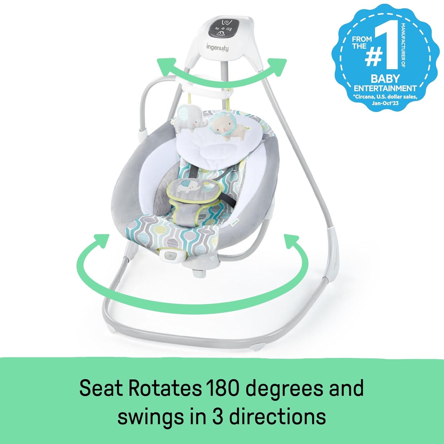 Ingenuity, Everston Babyschaukel, 180° drehbar, 3 Schaukelrichtungen und 6 -geschwindigkeiten, spielt 8 Melodien und weißes Rauschen, ab der geburt bis 9kg