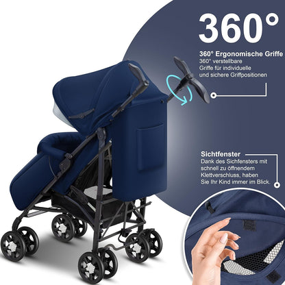 KIDIZ® City-Pro Pushchair Folding Pushchair Pushchair Sports Pushchair Foldable 360° 6 Inch Wheels Includes Mosquito Net, Footmuff and Rain Cover Foldable Sleep Function Blue 
