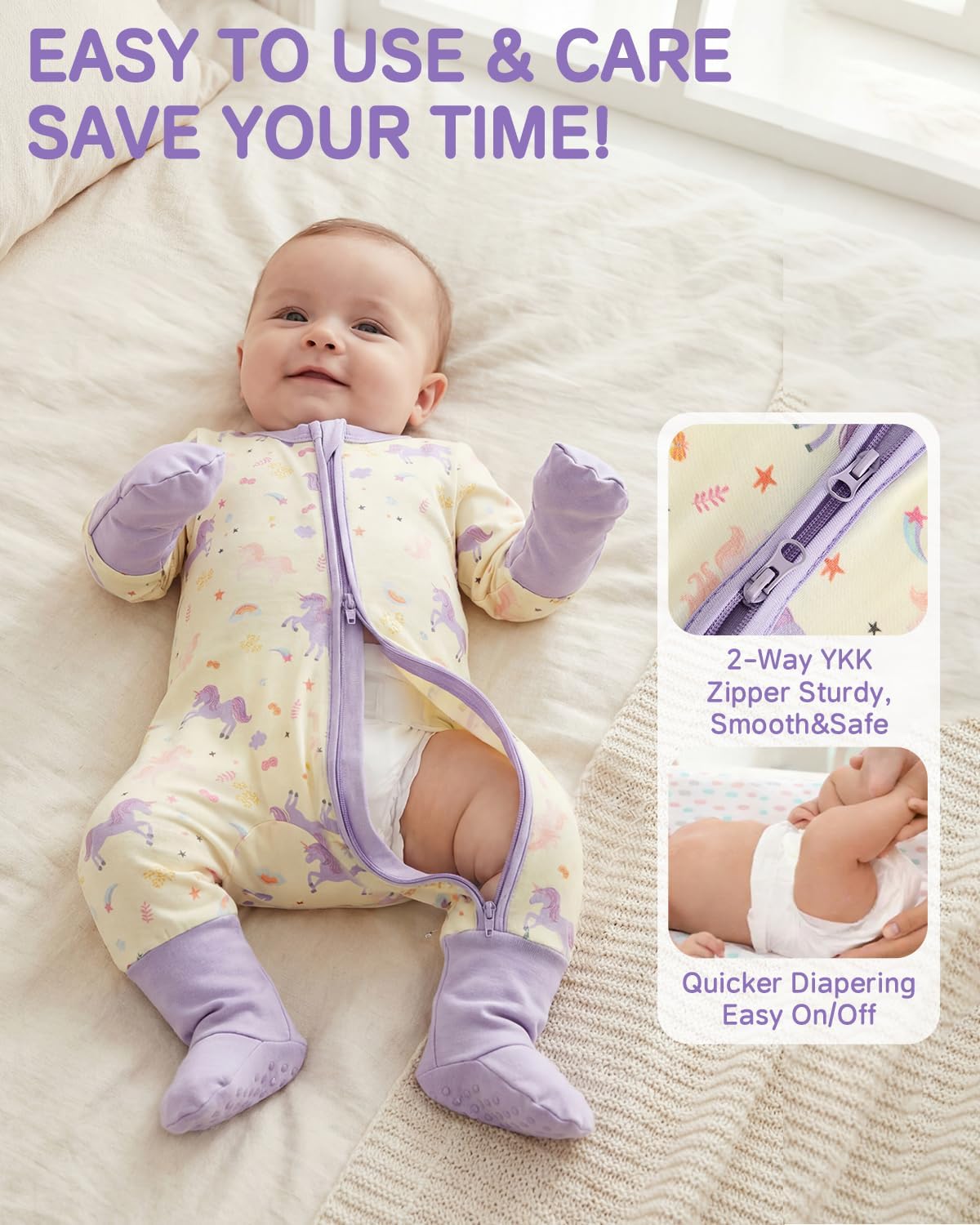 2er Pack Baby Schlafanzug Strampler Neugeborene Jungen Mädchen,Viskose Aus Bambus,mit Fußteil Und Umklappbaren Fäustlingen für 0-24 Monate