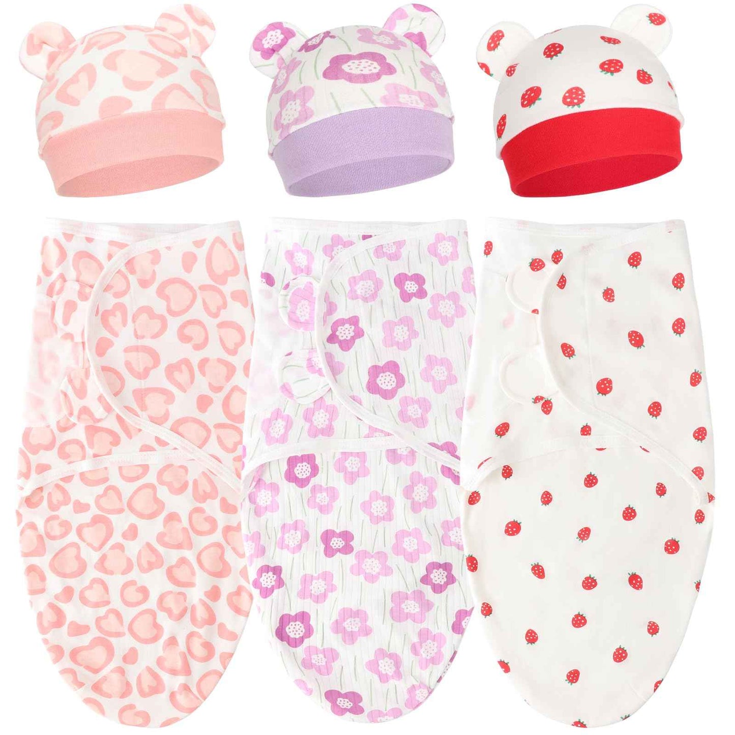 DRESHOW Neugeborene Swaddle Decke Hut Set Baby Gedruckt Swaddles Säugling Einstellbar Schlafsack für 0-3 Monate Mädchen Jungen