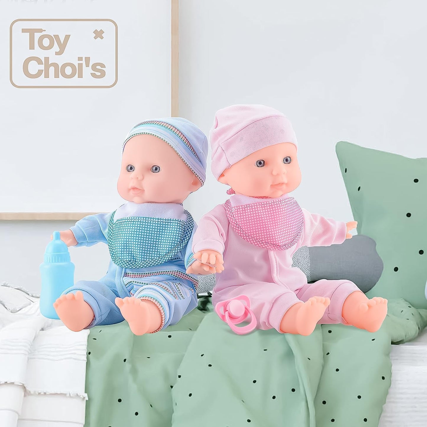 Toy Choi's Twin Puppe Set - 32cm Baby Puppen Für Kleinkinder ab 1 Jahr, mit Strampler und Hut, Schnuller und Puppenlätzchen, weiches Babypuppen Spielzeug Vorschulgeschenk