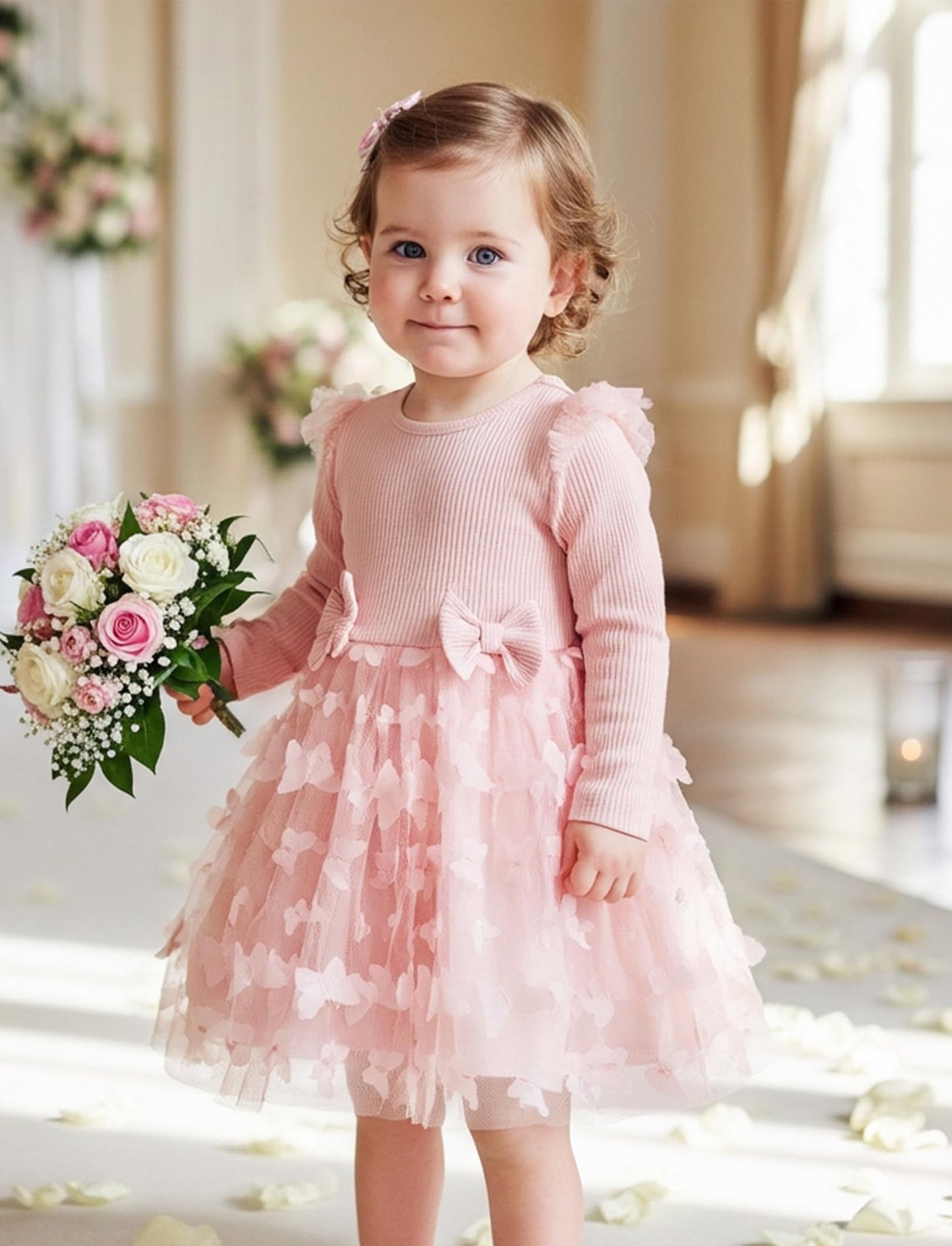 PATPAT Baby Girls' Tulle Dress with Long Sleeves, Tutu for Toddlers, Perfect as a Flower Girl or Christmas Party Birthday Long Sleeve Princess Dress, 3-24 Months