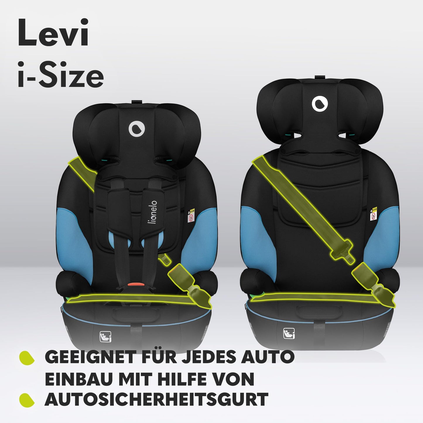 LIONELO LEVI I-SIZE 76-150 cm Kinderautositz, Gruppe 1 2 3, Seitenschutz, 10 Grad Kopfstützenverstellung Bequeme Armlehnen Verstellbare Rückenlehne, R129 i-Size