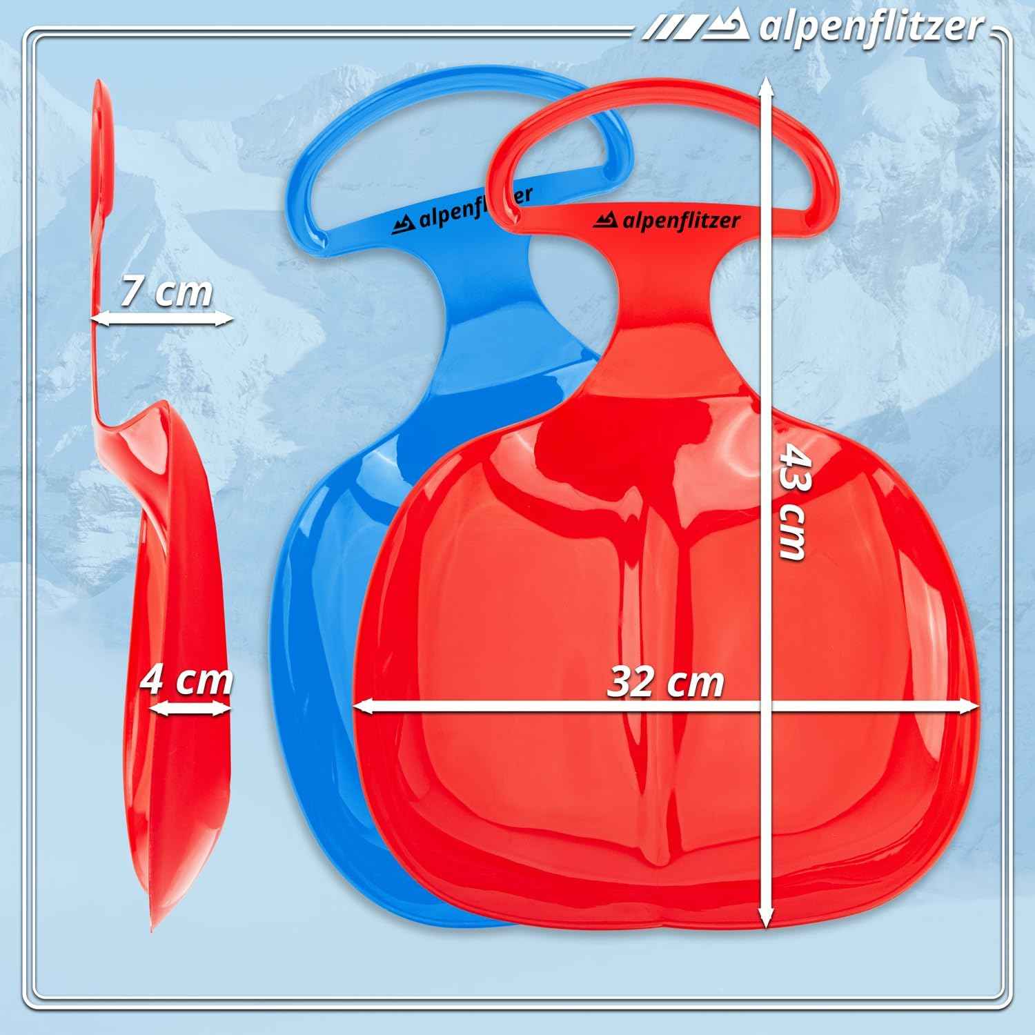 Alpenflitzer® 2 Stück Popo-Rutscher Bob; Schlitten mit Griff; Kinder Po-Rutscher Rodel Schneerutscher Bob Schneeflitzer zum Rodeln & Schlittenfahren 2er Set blau & rot