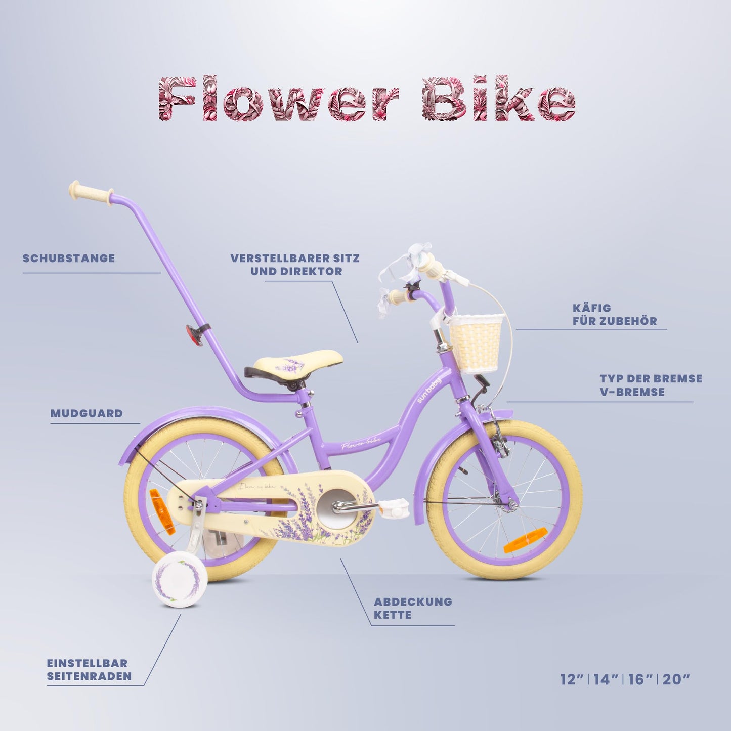 sun baby Mädchenfahrrad Flower Bike Radgröße zur Auswahl, mit Abnehmbarer Schubstange, Kinderfahrrad für Mädchen von 2 bis 6 Jahre
