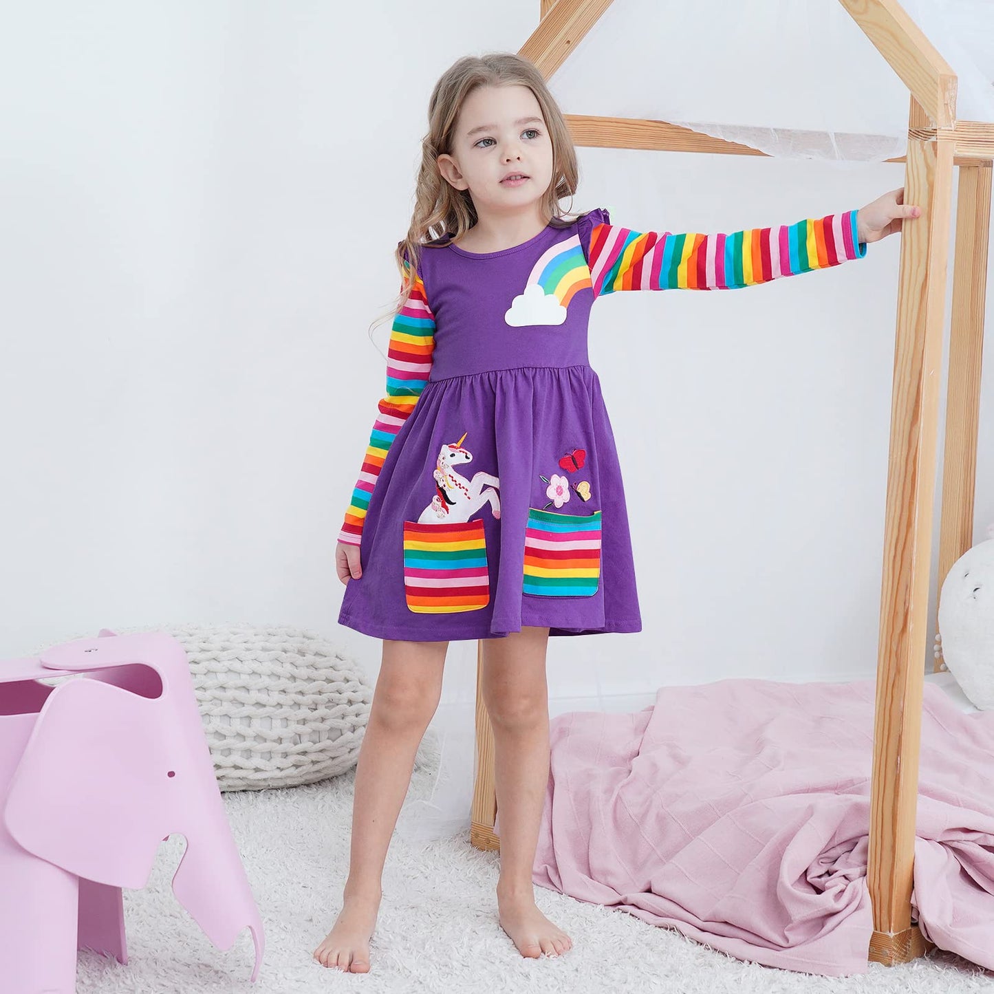 SFreeBo Girls Dresses Unicorn Rainbow Dress Kids Girls Gift Cotton Colourful Dresses for Girls 104 110 116 122 128