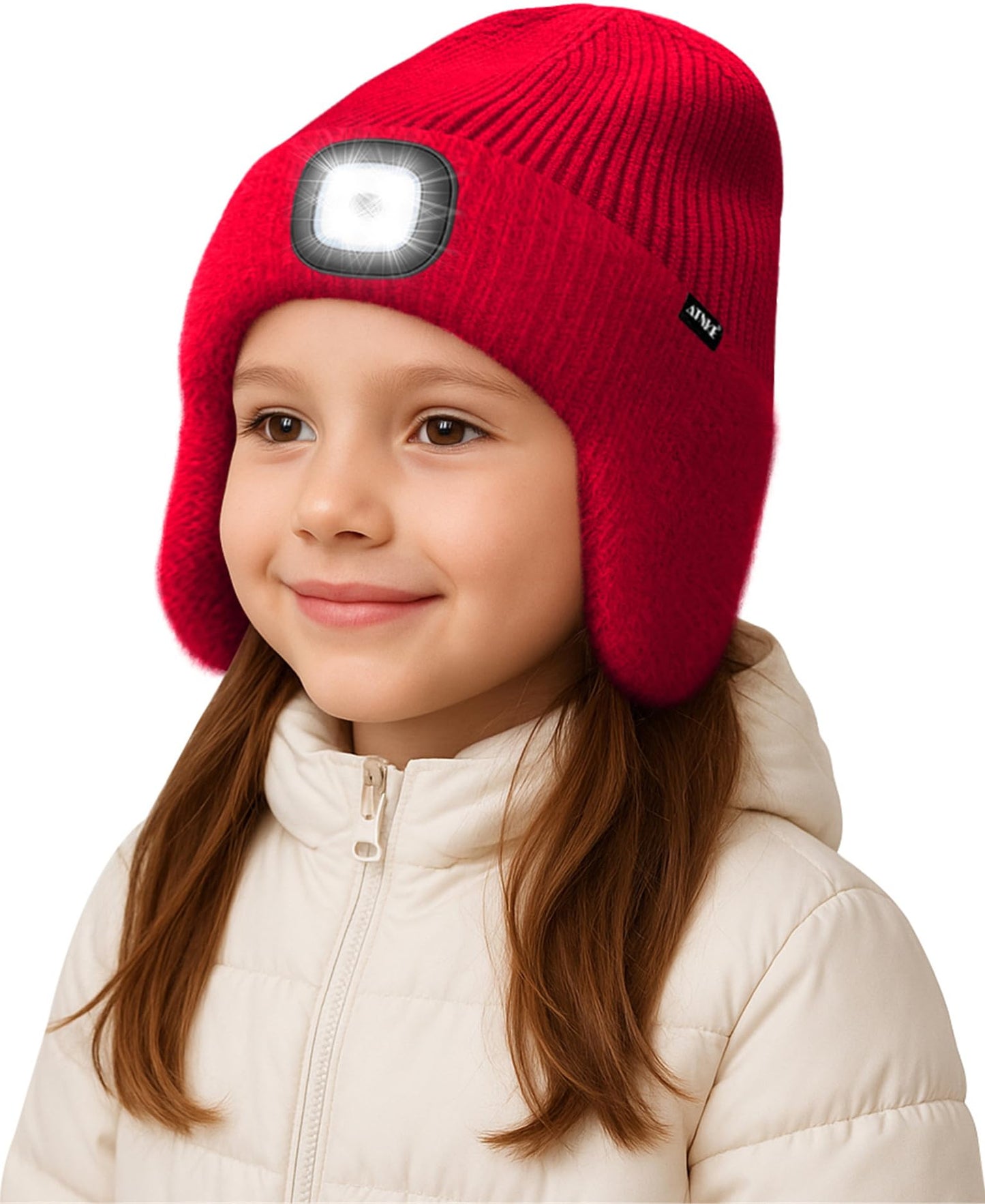 ATNKE Kinder LED Beleuchtete Ohrenklappen Mütze mit Licht,USB Wiederaufladbare 4 LED Laufmütze Stirnlampe Winter Warm Fleece Gefüttert Strick Mütze Geschenke für Jungen und Mädchen