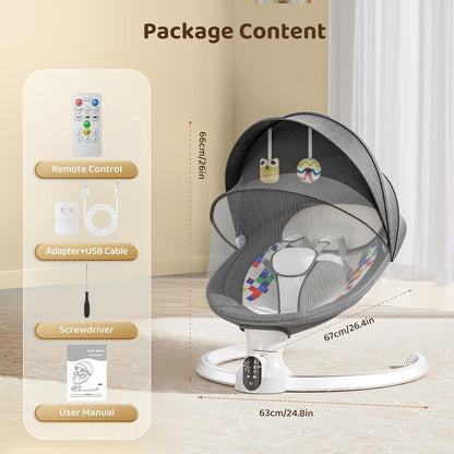 Bluetooth Elektrische Babyschaukel, Upgrade 5-Punkte Geschirr Elektrische Babywippe mit 5 Geschwindigkeiten 3 Timer und 10 Musik, Mobiler APP/Fernbedienung/IMD Panel-Steuerung Babywippen (Dunkelgrau)