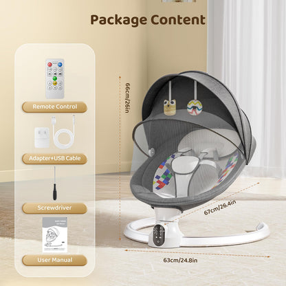 Hlieeosfcn Babywippe für Kinder,Babywippe Elektrisch mit 5 Natürlichen Schaukelgeschwindigkeiten,Elektrische Babyschaukel mit Musik, Nutzbar ab der Geburt bis ca. 6 Monaten,Fernbedienung,Grau
