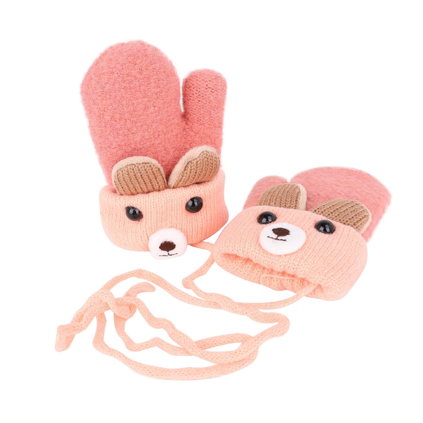 Kids Winter Gloves Mittens Baby Cartoon Mitten Neck Gloves Thick Double Knitted Glove with Plush,0 - 3 years old, Playing, Running, Skiing