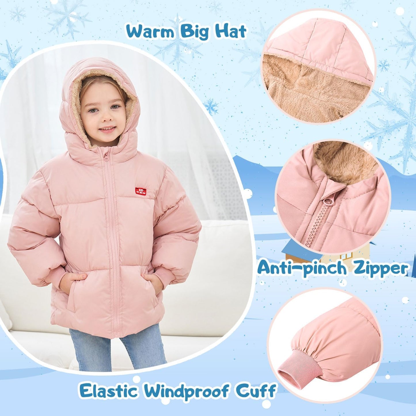 kids4ever Baby Winter Jacket Coat Zip Hooded Jacket Windproof Warm Fleece Outerwear Snowsuit with Two Pockets for Boys Girls 12 Months - 5 Years