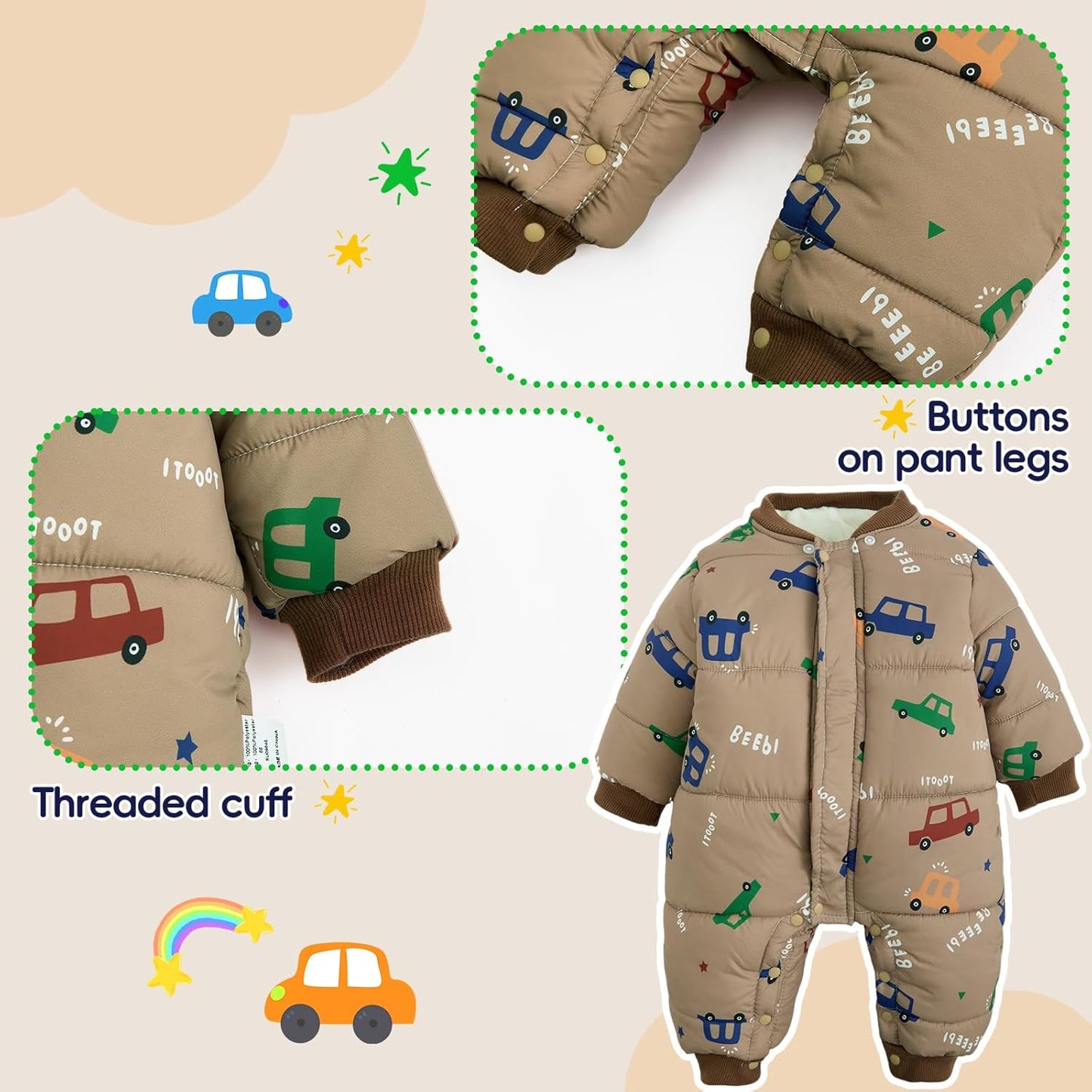 JiAmy Baby Snowsuit, Toddler Winter Romper Girls Boys Winter Jumpsuit with Hood Long Sleeve Jumpsuit Cute Prints for 3-24 Months