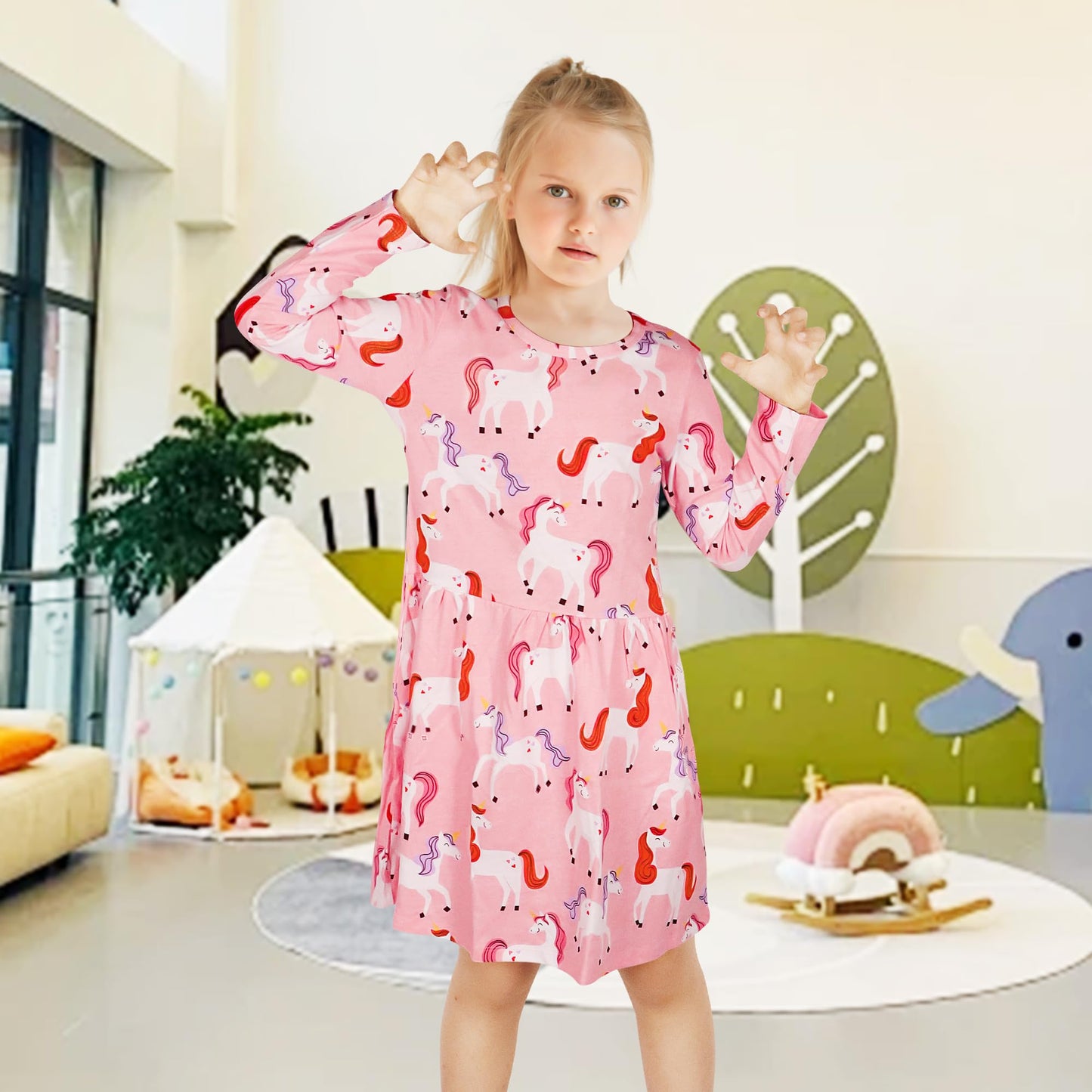 FILOWA Kleider für Mädchen Kinder Einhorn Blumen Stickerei Herz Druck Tier Sommerkleid Cartoon Kinderkleider Embroider Baumwolle Mädchenkleid Lange/Ärmellos Lässige Geburtstag Kinderkleidung,Gr.92-128