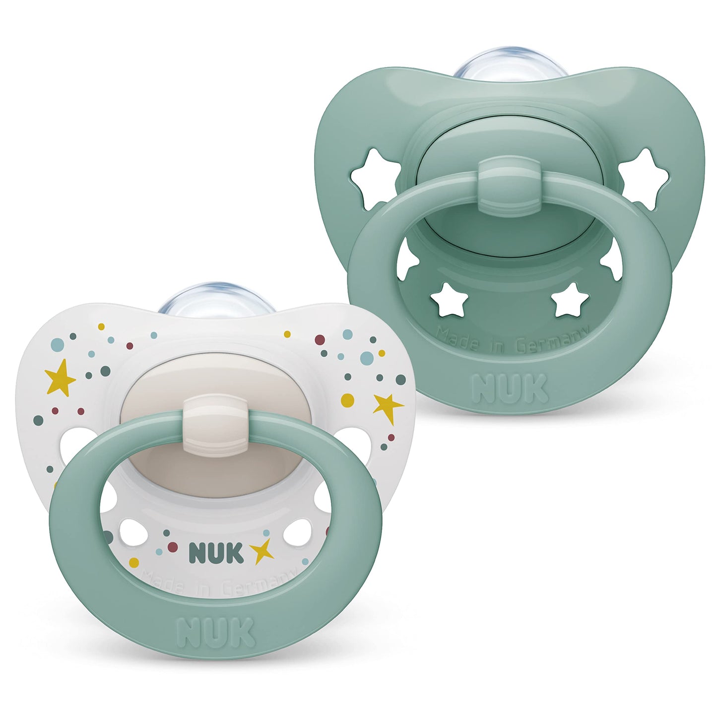 NUK Signature Baby Pacifier | 0-6 Months | Soothes 95% of Babies | BPA Free Silicone Heart-Shaped Pacifier | With Case | Green Stars | Pack of 2