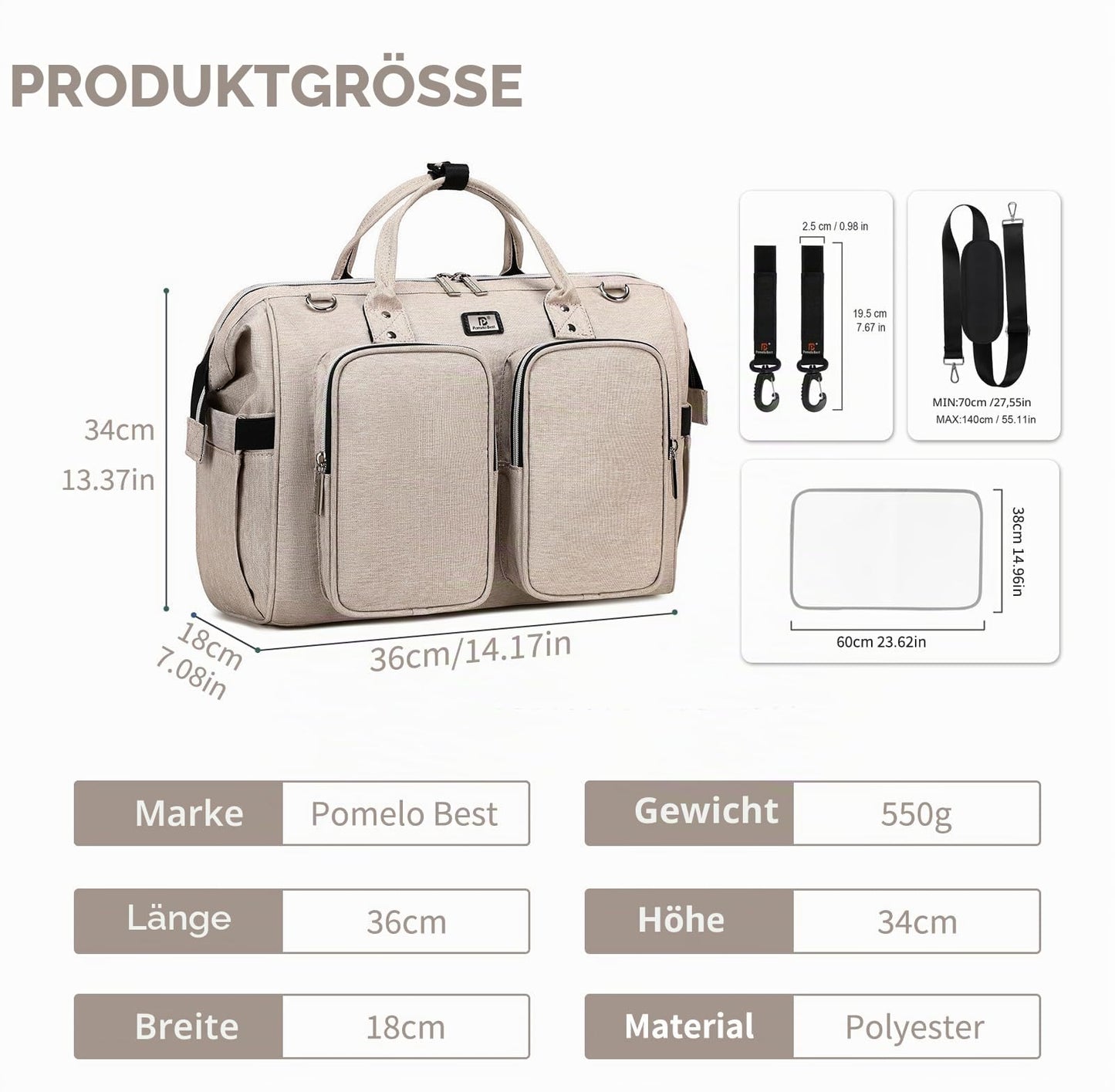 Wickeltasche mit wasserdicher Wickelunterlage und 2 Kinderwagen Haken verstellbare Schultergurt multifunktionale Umhängetasche Reisetasche für Unterwegs