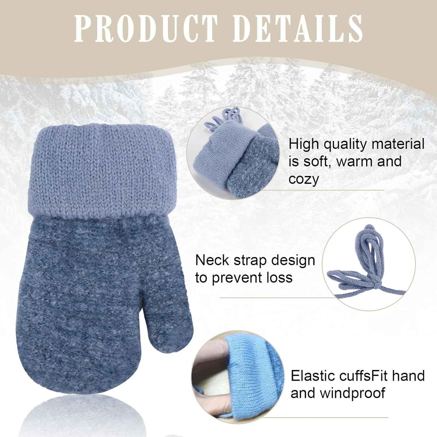 Dumhuts Baby Gloves Mittens Winter for 0-3 Years, Children's Warm Knitted Gloves with Plush Lining and Lanyard, Gloves Children for Outdoor Activities and Daily Use, Blue