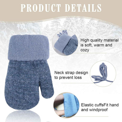 Dumhuts Baby Gloves Mittens Winter for 0-3 Years, Children's Warm Knitted Gloves with Plush Lining and Lanyard, Gloves Children for Outdoor Activities and Daily Use, Blue