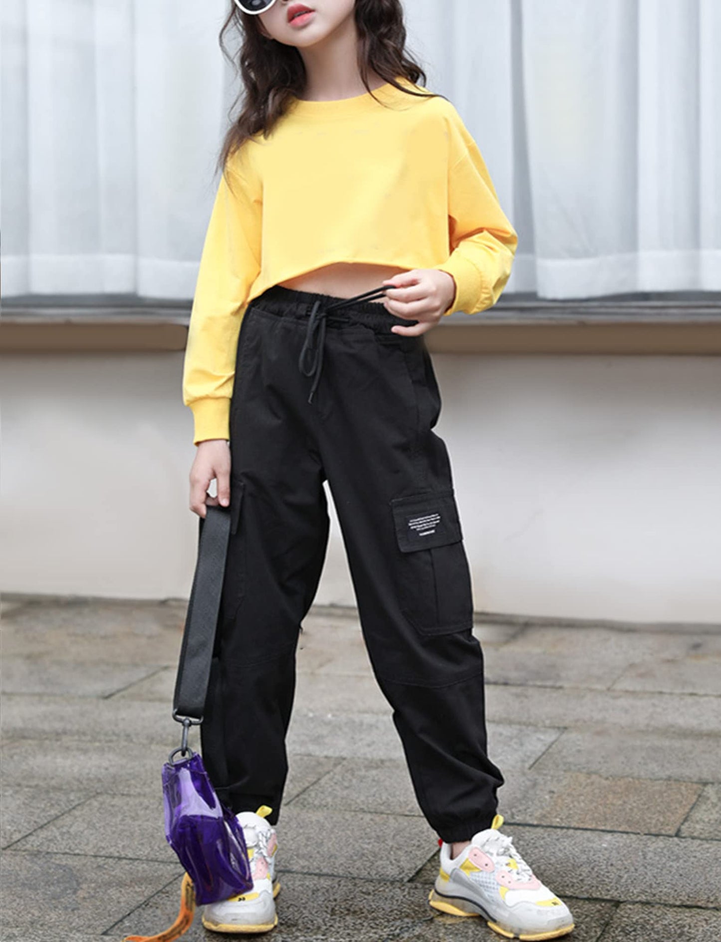 SEAUR Cargo Hose Mädchen Freizeithose Hip Hop Hose mit Gummibung Sporthose Jogginghose mit Taschen Kordelzug Trainingshose Sport Freizeit Streetwear - 100-160cm