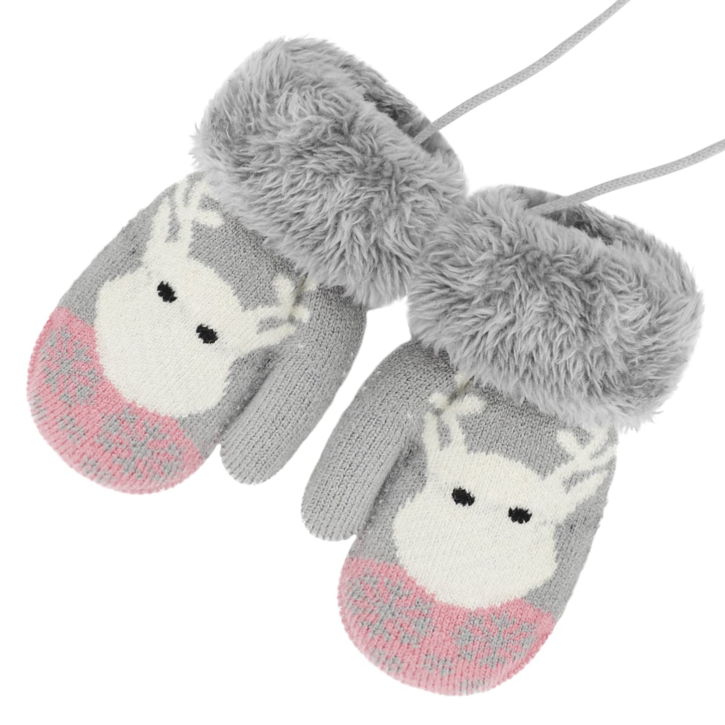 Kids Winter Gloves Mittens Baby Cartoon Mitten Neck Gloves Thick Double Knitted Glove with Plush,0 - 3 years old, Playing, Running, Skiing