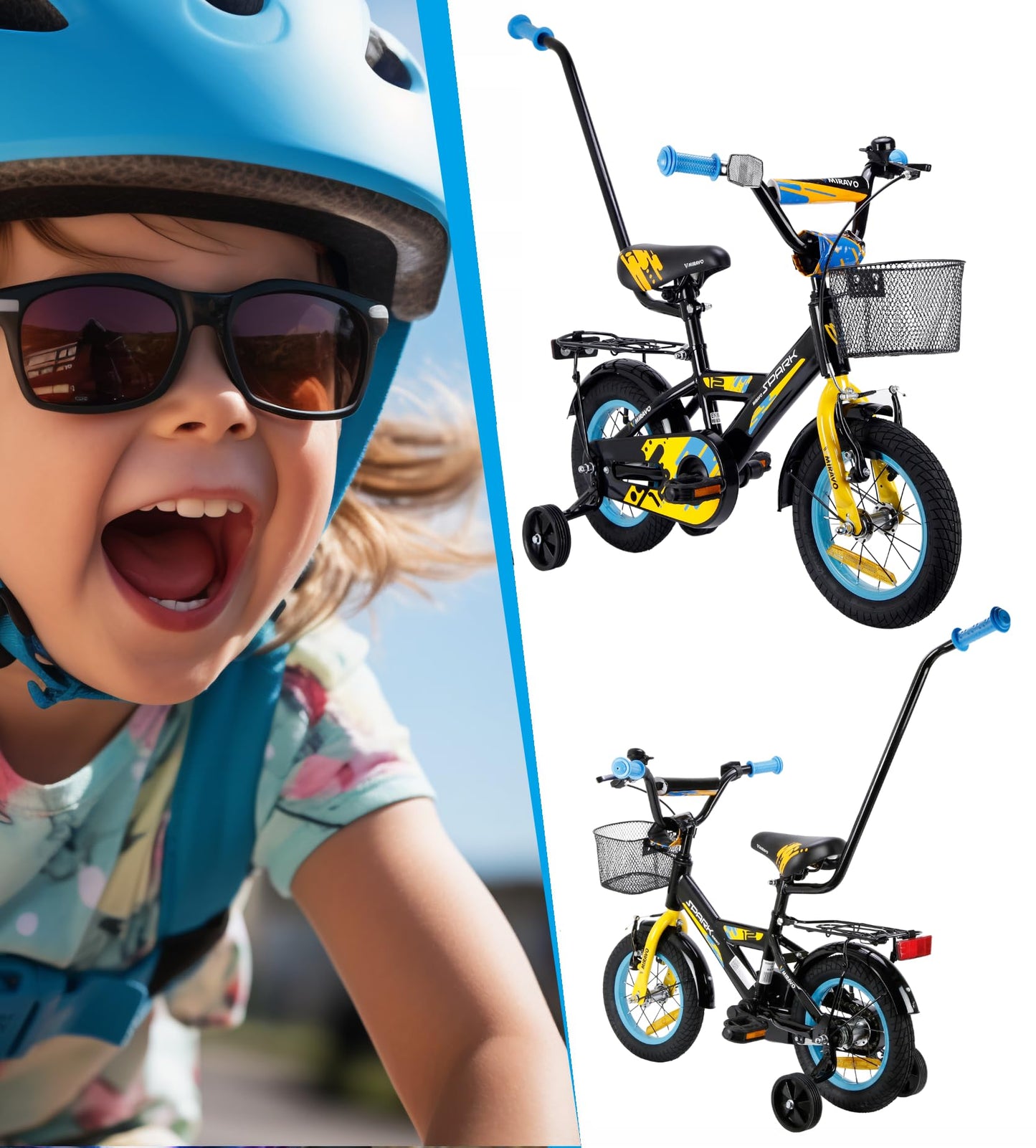 MIRAVO Kinderfahrrad Fahrrad Kinder Ab 2 Bis 8 Jahre Mit Stützrädern Schubstange V-Brake Bremsen Rückstrahl Aufkleber 12 16 20 Zoll Radgröße Korb Für Junge Spark - Meloni2
