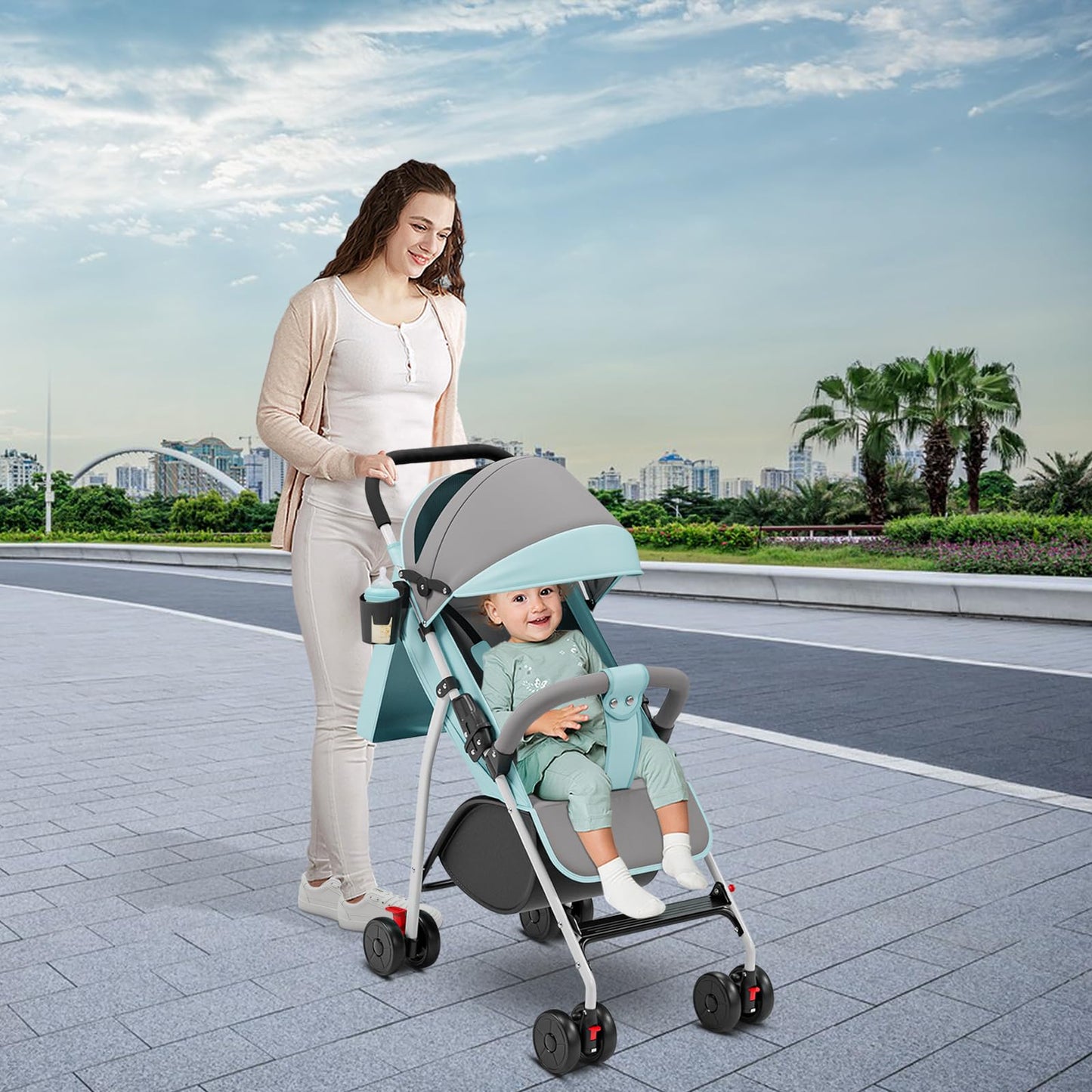 Buggy für Babys, ultraleicht, kompakt, faltbar und neigbar, von Geburt bis 25 kg, mit Trolley-System, Regenschutz inklusive, ausziehbarer Haube, C-schwarz