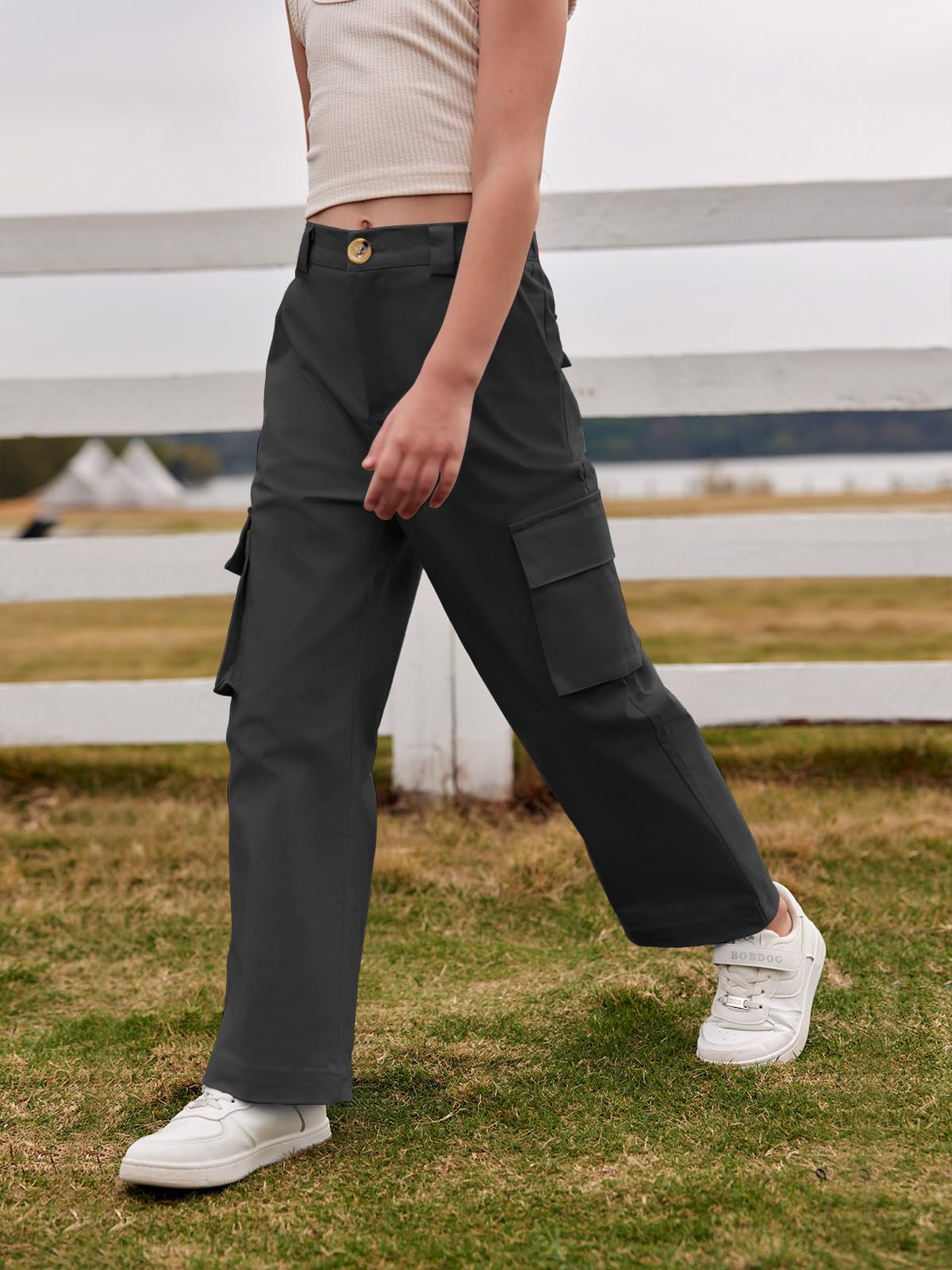 Haloumoning Mädchen Cargohose Baumwoll Y2K Baggy Cargo Hose Kinder Straight Leg Hohe Taille Jogginghose Casual Outdoorhose mit Elastische Taille und Taschen
