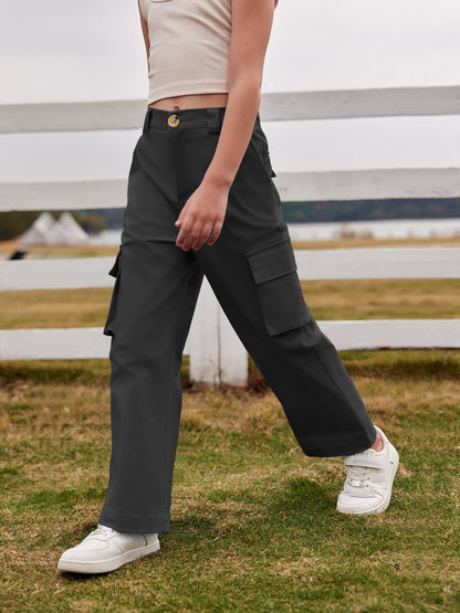 Haloumoning Mädchen Cargohose Baumwoll Y2K Baggy Cargo Hose Kinder Straight Leg Hohe Taille Jogginghose Casual Outdoorhose mit Elastische Taille und Taschen