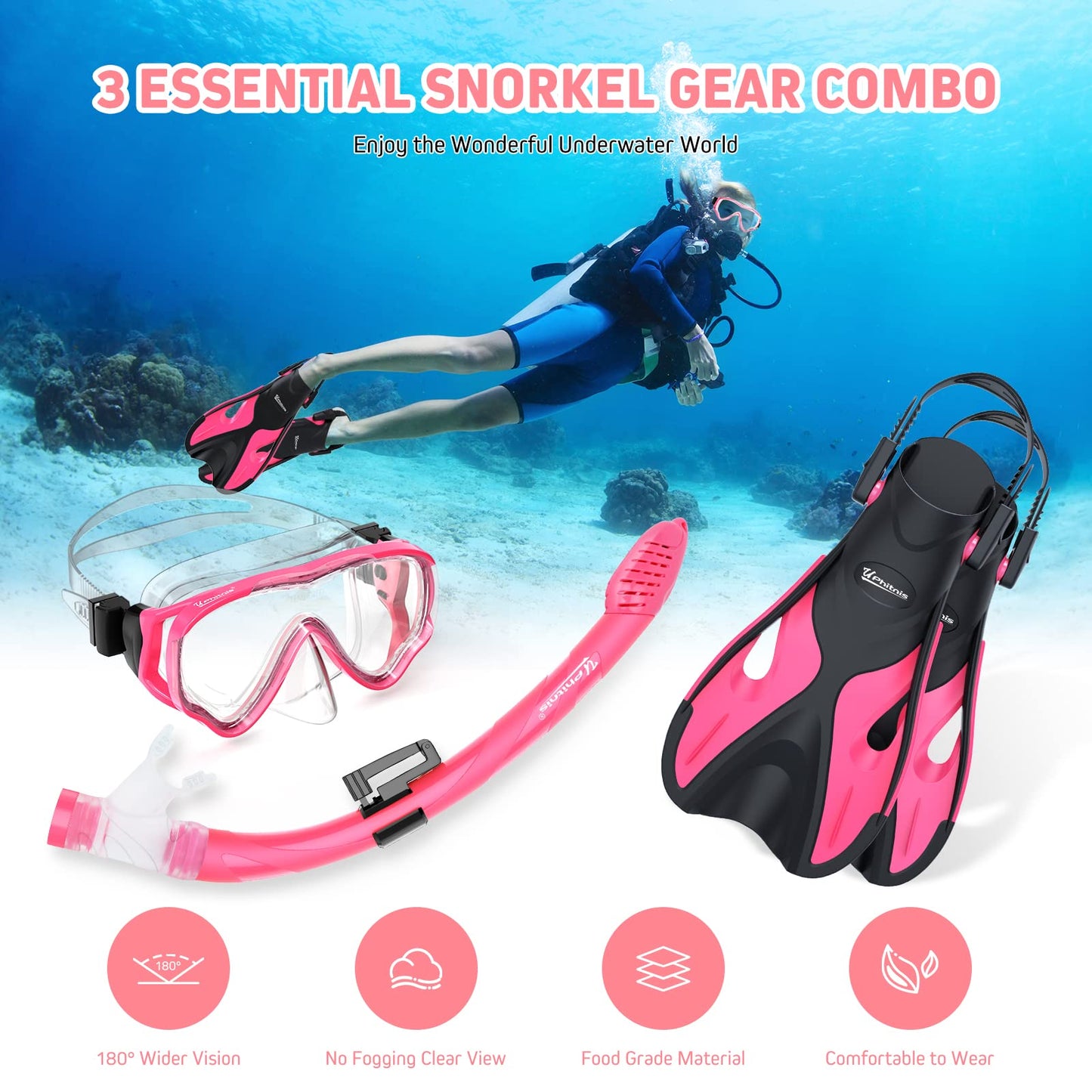 UPhitnis Kinderschnorchelset mit Flossen, Antibeschlag 180° Panorama Taucherbrille, verstellbare Schwimmflossen und Premium Dry Schnorchel, 3-in-1 Schnorchelset für Kinder mit Tragetasche