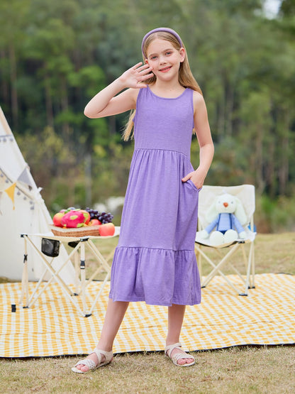 Haloumoning Girls' Dresses Summer Sleeveless Dress Round Neck Tank Top Dress Kids Long Casual Dress Sundress