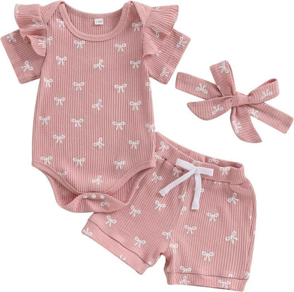 Beauace 3-Piece Baby Girls' Summer Clothing Set Ruffle Short Sleeve Romper + Ruffle Shorts + Headband Baby Set Soft Newborn Going Out Outfit