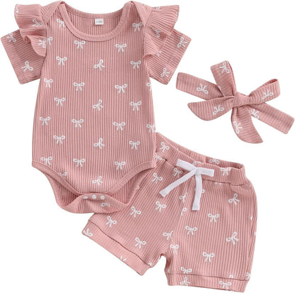 3tlg Baby Mädchen Sommer Kleidung Set Rüschen Kurzarm Strampler + Rüschen Shorts + Stirnband Babyset Weiche Neugeborene Ausgehen Outfit