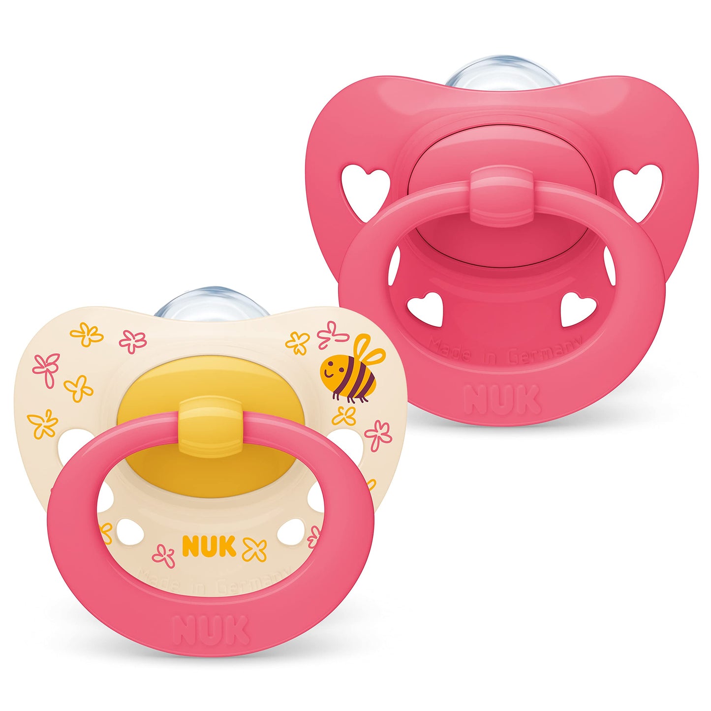 NUK Signature Baby Pacifier | 0-6 Months | Soothes 95% of Babies | BPA Free Silicone Heart-Shaped Pacifier | With Case | Green Stars | Pack of 2