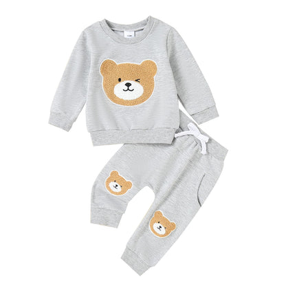 Carolilly Baby Suit 2-Piece Clothing Outfit Baby Clothing Set Cute Long Sleeve Sweatshirt Embroidered Bear + Long Trousers Warm Children's Suit Autumn Spring