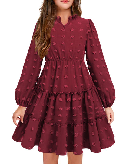 Arshiner Dress Girls Festive Flounce V-Neck Long Sleeve Dress Swiss Dot Chiffon Dress Children Tiered Dress A-Line Party Dress Wedding Princess Dress Swing Skater Dress 5-12 Years 