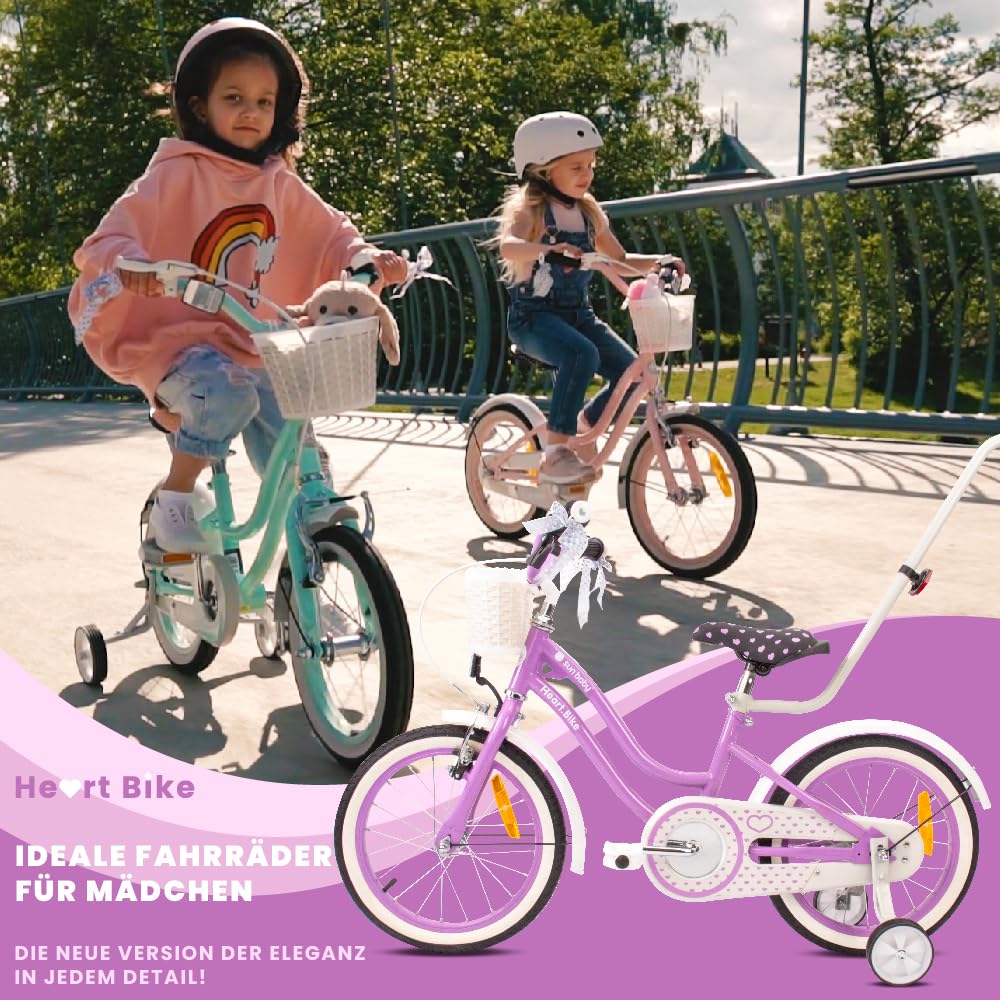 sun baby Mädchenfahrrad 12, 14 und 16 Zoll Radgröße Heart Bike zur Auswahl, mit Abnehmbarer Schubstange, Kinderfahrrad für Mädchen von 2 bis 6 Jahre