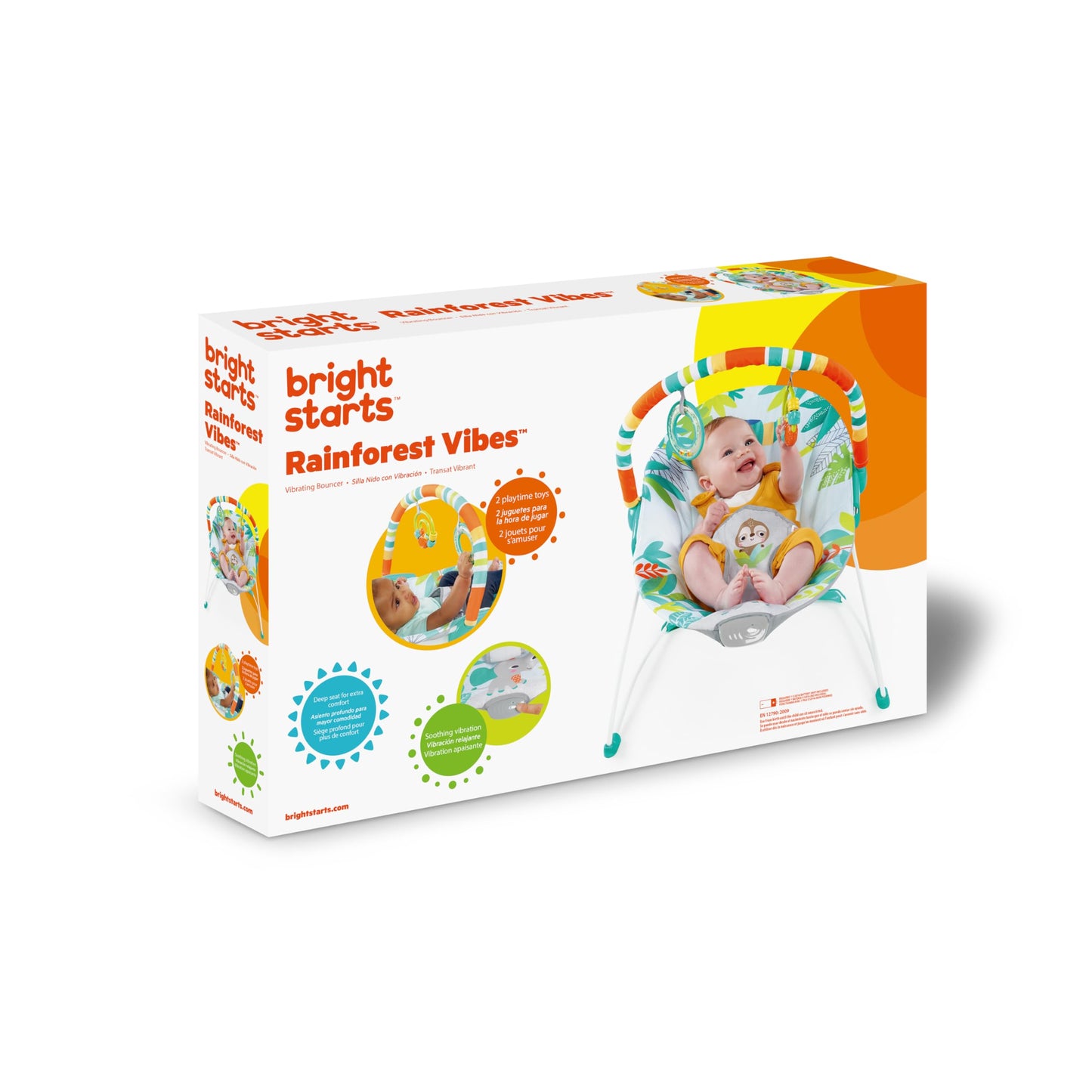 Bright Starts, Babywippe Babyschaukel Safari Fun mit Beruhigenden Vibrationen, Spielbogen mit 2 Spielzeugen, 3-Punkte-Gurt Sitz, Maschinenwaschbares Sitzpolster, ab der Geburt bis 9kg