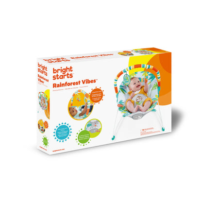 Bright Starts, Babywippe Babyschaukel Safari Fun mit Beruhigenden Vibrationen, Spielbogen mit 2 Spielzeugen, 3-Punkte-Gurt Sitz, Maschinenwaschbares Sitzpolster, ab der Geburt bis 9kg