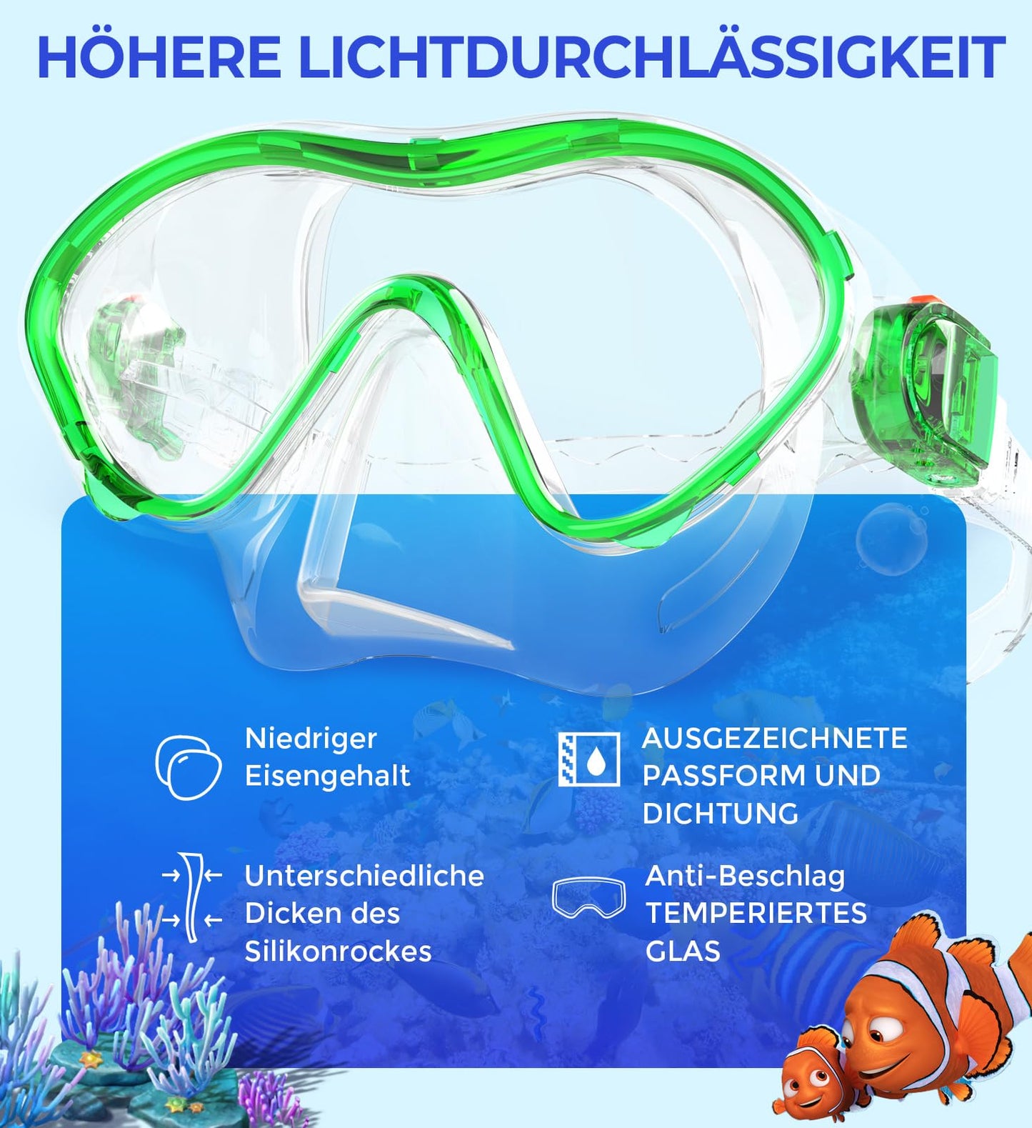 Sporzin Children's Diving Goggles Snorkel Set - Snorkel with Dry Snorkel Mask 180° Panoramic View HD and Anti-Fog Silicone Diving Mask and Swimming Goggles with Ear Plugs 4-12 Years