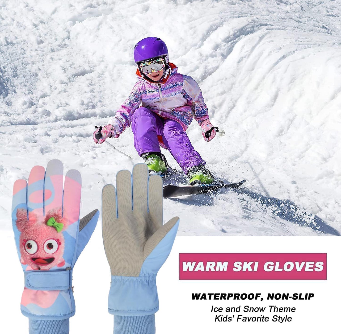 FAYHIJUN Children's Winter Snow Gloves Ski Gloves for 1-13 Years Girls Boys PU Palm Waterproof Windproof Warm Fleece Winter Gloves Cycling Gloves