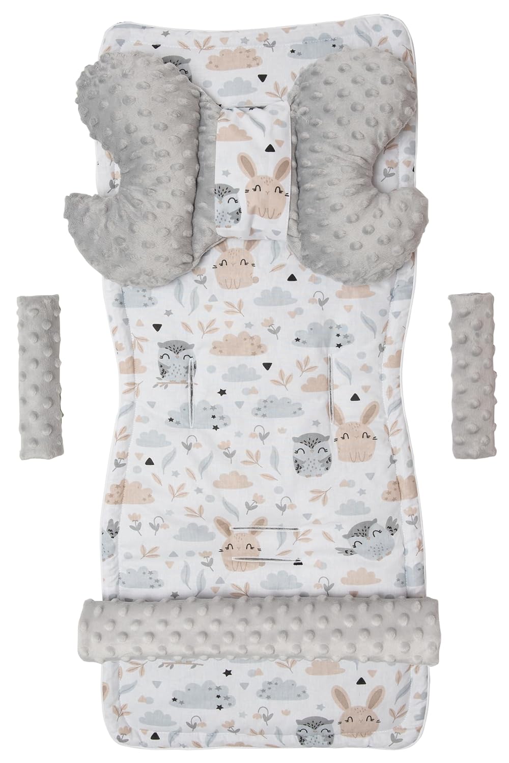 Sitzauflage Kinderwagen Buggy Baby Sommer Kindersitz Einlage Universal - 5tgl Gurtpolster + Spielbogen Kinderwagenset Babyschale (Safari mit beige Minky)