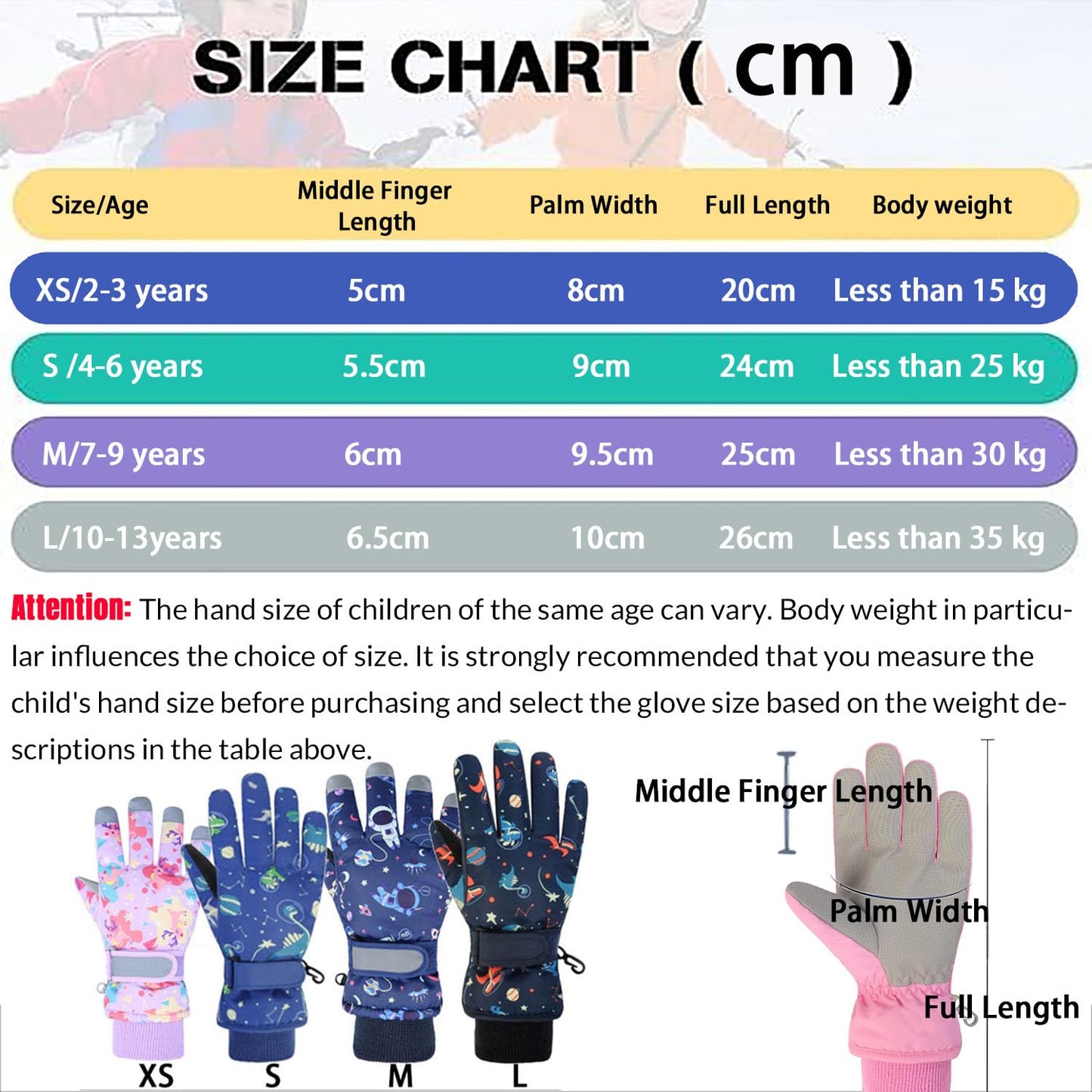 FAYHIJUN Children's Winter Snow Gloves Ski Gloves for 1-13 Years Girls Boys PU Palm Waterproof Windproof Warm Fleece Winter Gloves Cycling Gloves