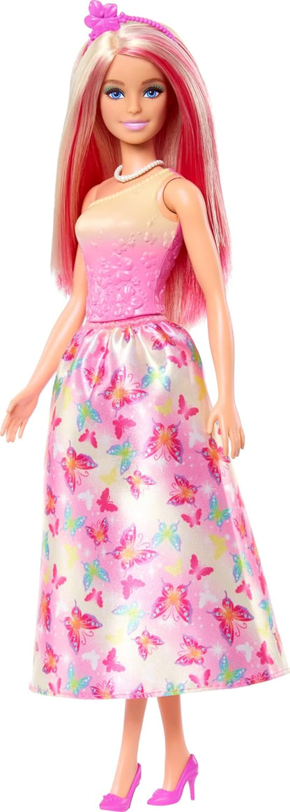 Barbie Royal Doll with Fantasy Hair in Blonde and Pink Colourful Accessories, Gradient Pink Top and Butterfly Skirt HRR08