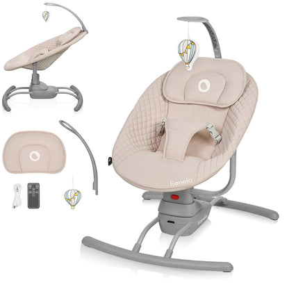 LIONELO RIO Elektrische Babywippe für Kleinkinder bis zu 9 kg Verstellbare Rückenlehne, 3 Wiegegeschwindigkeiten, Polster Sitzgurte Melodien und Geräusche der Natur Leichtes Gewicht 3,5 kg